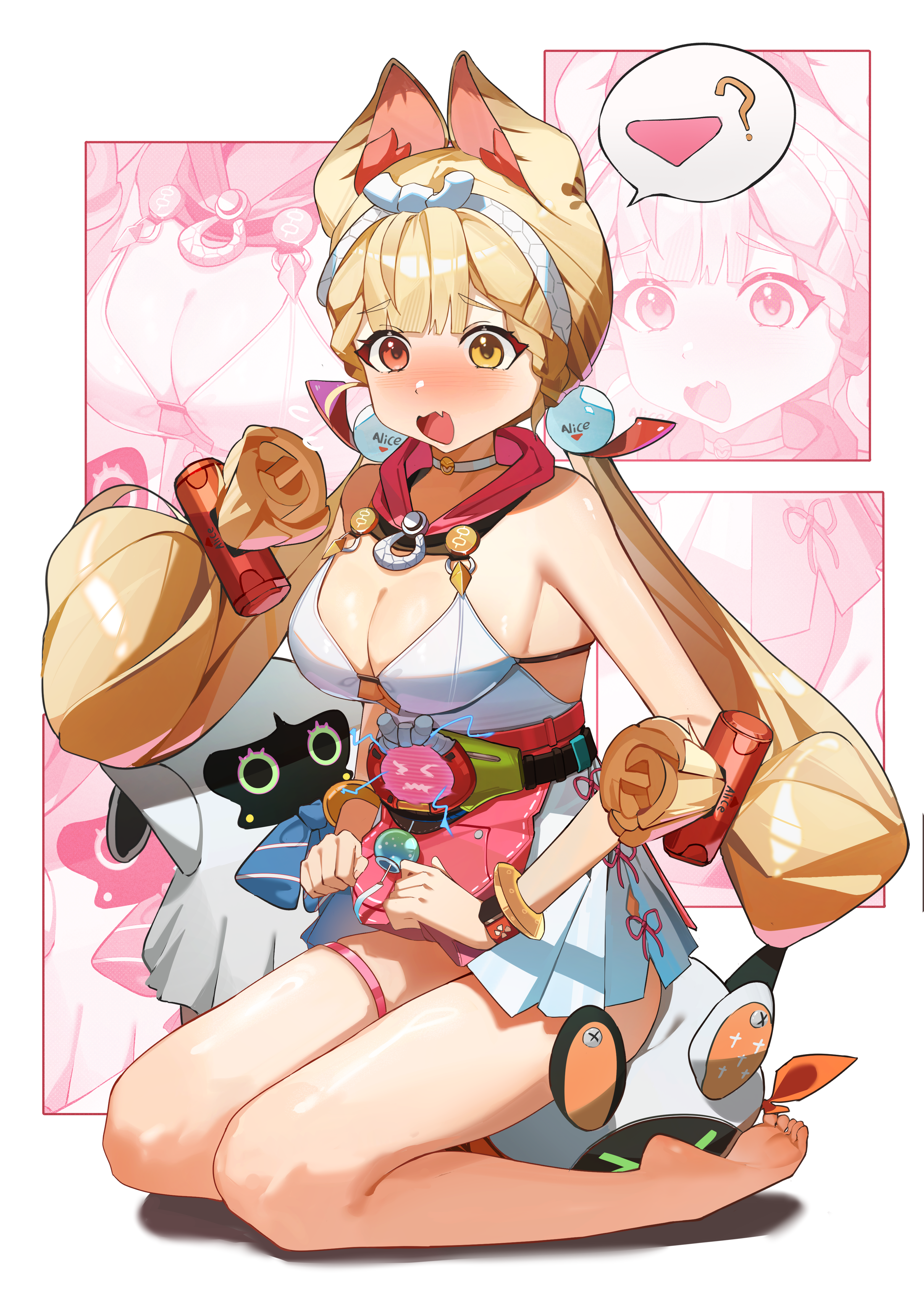 ayu (user xkhp7843), alice thymefield, alice thymefield (sea of thyme), bangboo (zenless zone zero), eous (zenless zone zero), zenless zone zero, absurdres, commentary, highres, symbol-only commentary, 1girl, ?, animal ears, bare shoulders, barefoot, blonde hair, blush, breasts, character name, choker, cleavage, dress swimsuit, heterochromia, long hair, looking at viewer, miss esme (zenless zone zero), official alternate costume, open mouth, rabbit ears, rabbit girl, red eyes, sphere hair ornament, spoken object, swimsuit, thigh strap, white choker, yellow eyes