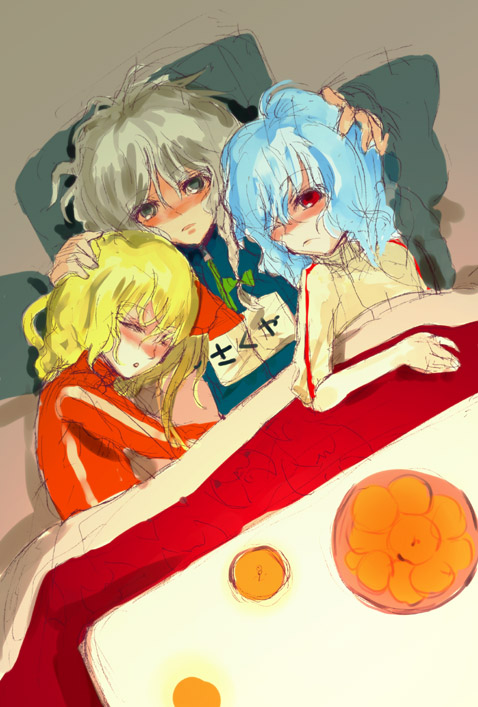 nokishita, flandre scarlet, izayoi sakuya, remilia scarlet, touhou, silver hair, 3girls, alternate costume, blonde hair, blue hair, blush, braid, closed eyes, female focus, food, from above, fruit, gym uniform, hair over one eye, hand on another's head, kotatsu, looking at viewer, lying, mandarin orange, multiple girls, name tag, red eyes, siblings, sisters, sleeping, table
