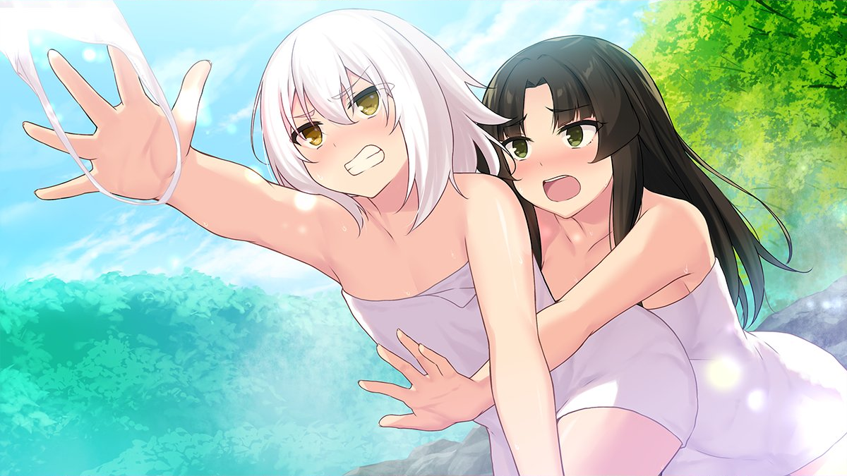mashiro (moe! ninja girls), saion-ji enju, moe! ninja girls, commentary request, official art, 2girls, bare shoulders, black hair, breasts, clenched teeth, cloud, day, flat chest, green eyes, hair between eyes, large breasts, long hair, medium hair, multiple girls, naked towel, onsen, open mouth, petite, sky, teeth, towel, tree, upper teeth only, very long hair, white hair, yellow eyes