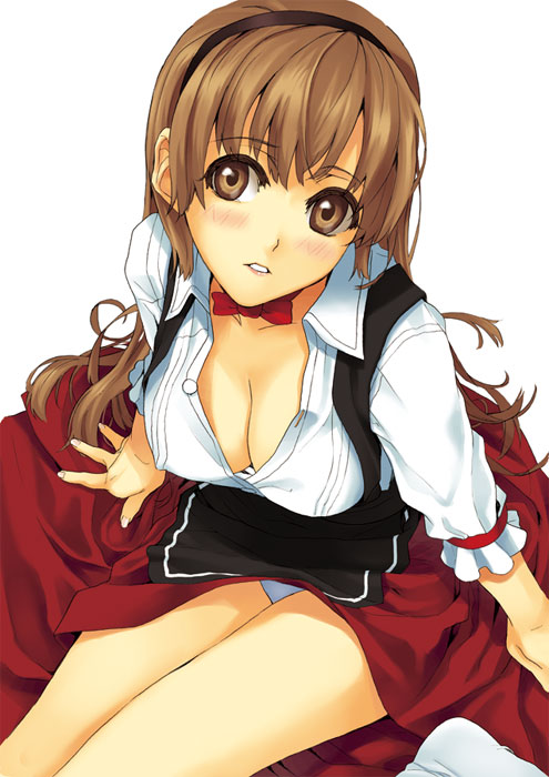 luna (reclaimed land), original, 1girl, blush, breasts, brown eyes, brown hair, choker, cleavage, covered erect nipples, female focus, large breasts, lips, open clothes, open shirt, panties, pantyshot, shirt, solo, underwear, waitress