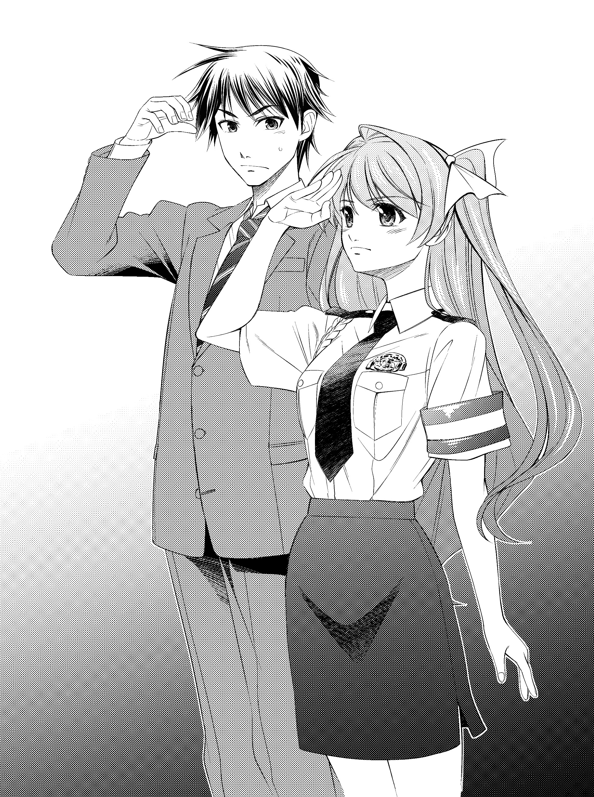 eibon, sakihata rimi, shinjo takeshi, chaos;child, chaos;head, science adventure, absurdres, check clothing, clothing request, highres, 1boy, 1girl, armband, blush, bow, breast pocket, breasts, collared shirt, dress shirt, formal clothes, greyscale, hair bow, hair ribbon, japanese police uniform type 51, long hair, long sleeves, medium breasts, monochrome, necktie, pencil skirt, pocket, police, police uniform, policewoman, ponytail, ribbon, salute, shirt, short hair, short sleeves, shoulder boards, simple background, skirt, smile, standing, suit