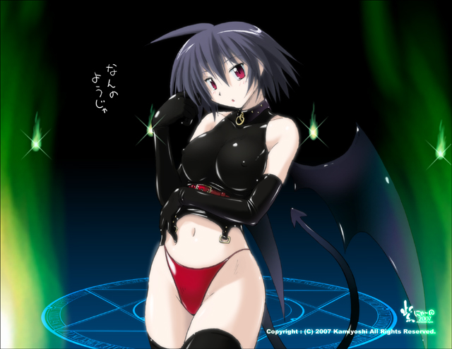 nyanko batake, original, 00s, 1girl, 2007, bat wings, black gloves, black hair, black shirt, black thighhighs, blush, breasts, collar, demon girl, demon tail, demon wings, elbow gloves, female focus, gloves, large breasts, looking at viewer, midriff, navel, open mouth, panties, red eyes, red panties, shirt, short hair, sleeveless, sleeveless shirt, solo, tail, thighhighs, underwear, wings