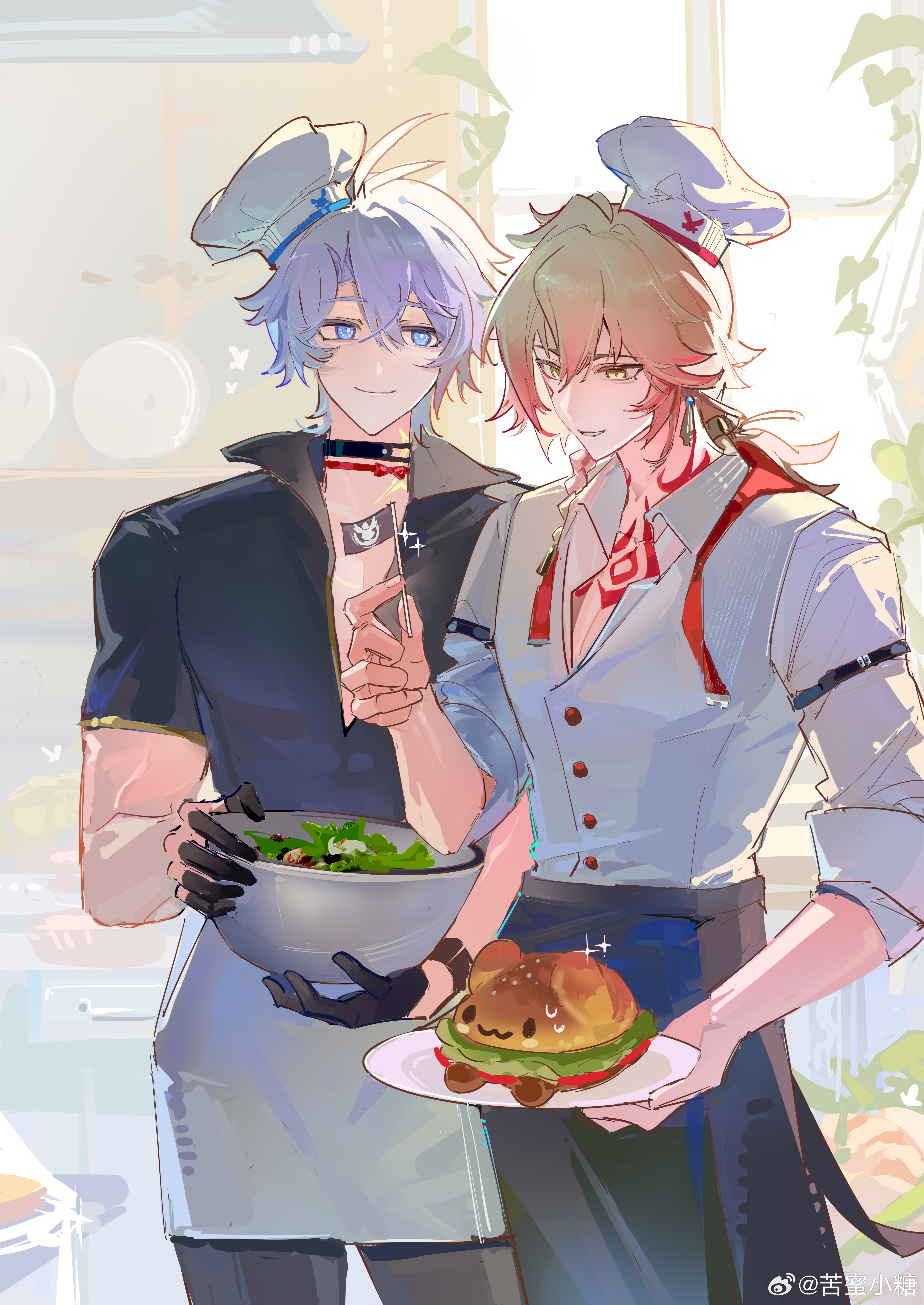 mydei (honkai: star rail), phainon (honkai: star rail), honkai: star rail, honkai (series), absurdres, chinese commentary, commentary request, highres, 2boys, antenna hair, apron, armband, black choker, black pants, black shirt, blonde hair, blue eyes, bowl, braid, chef hat, chest tattoo, choker, collared shirt, facial tattoo, gradient hair, hair between eyes, hat, holding, holding bowl, holding plate, looking at another, male focus, medium hair, multicolored hair, multiple boys, neck tattoo, pants, parted bangs, plate, red hair, red tattoo, shirt, short hair, short sleeves, side braid, sleeves rolled up, sun symbol, sun tattoo, tan, tattoo, waist apron, weibo 5313367702, white hair, white shirt, yellow eyes