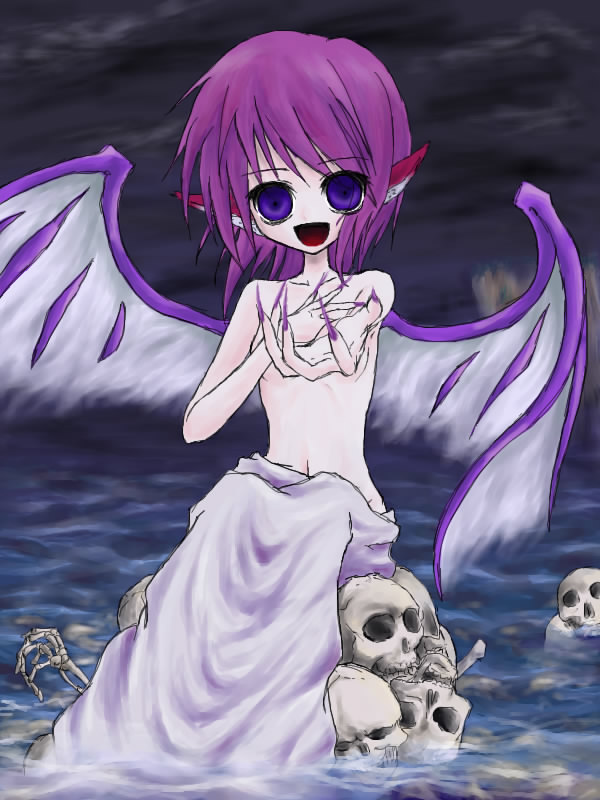 mystia lorelei, touhou, 1girl, female focus, navel, outdoors, purple hair, short hair, skull, sky, solo, topfreedom, topless female, wings