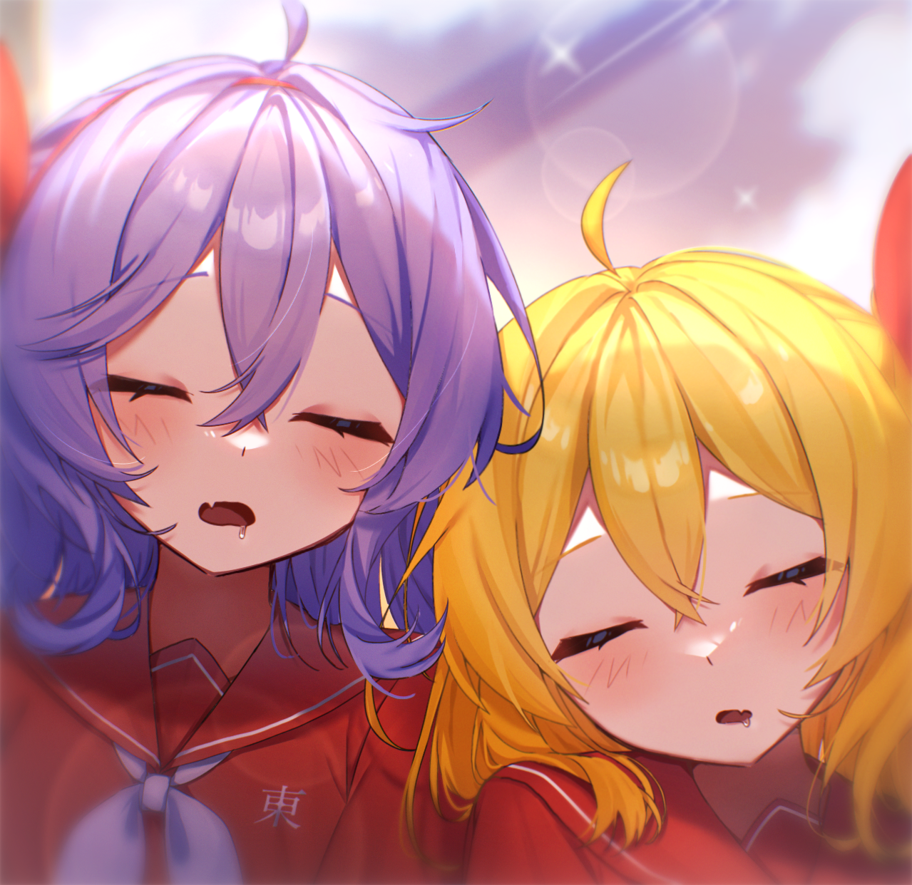 flandre scarlet, remilia scarlet, touhou, highres, 2girls, ahoge, alternate costume, blonde hair, blush, closed eyes, drooling, facing viewer, hair between eyes, long hair, long sleeves, looking at viewer, multiple girls, neckerchief, nyaatsu, open mouth, purple hair, sailor collar, school uniform, serafuku, shirt, short hair, sleeping, sleeping on person, sleeping upright, smile, upper body