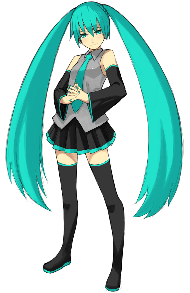 yu 65026, hatsune miku, vocaloid, 1girl, aqua hair, female focus, full body, legs apart, long hair, simple background, solo, standing, thighhighs, twintails, very long hair