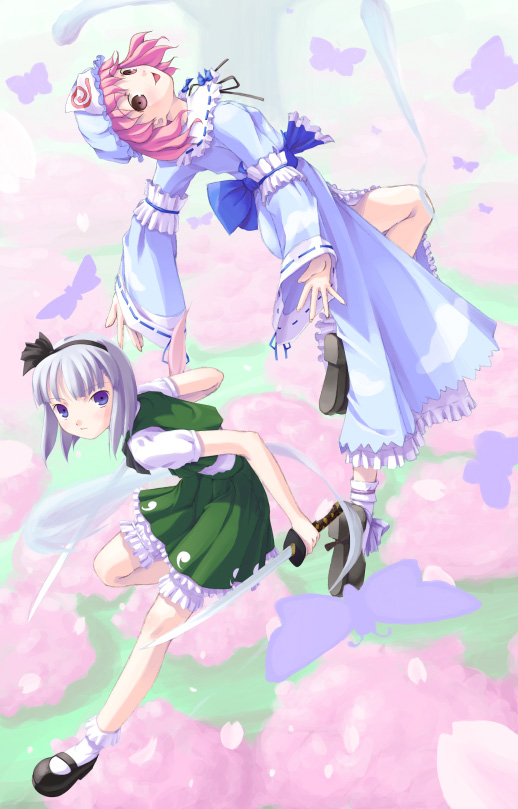 yousisi, konpaku youmu, konpaku youmu (ghost), saigyouji yuyuko, touhou, 2girls, bug, butterfly, female focus, full body, hat, insect, katana, multiple girls, skirt, sword, weapon