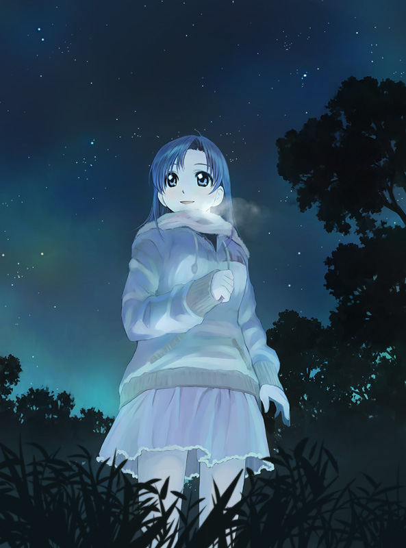 ikeda jun (mizutamari), original, blue eyes, blue hair, blue theme, breath, from below, night, night sky, scarf, sky, solo
