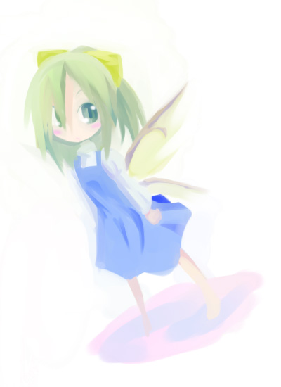 daiyousei, embodiment of scarlet devil, touhou, 1girl, blush stickers, bow, female focus, green eyes, green hair, hair bow, no lineart, solo, standing, white background, wings