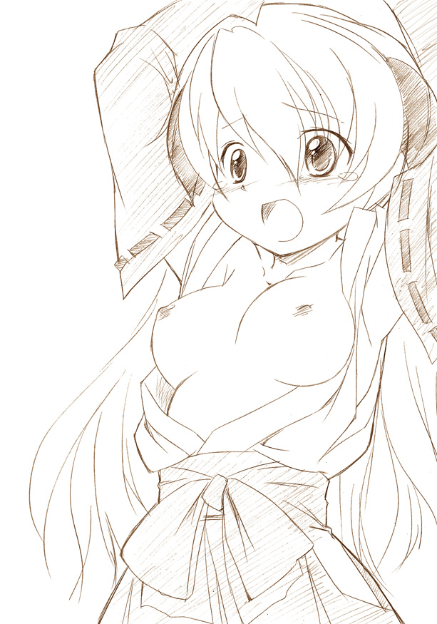sawatari jinshi, hanyuu, higurashi no naku koro ni, traditional media, 00s, 1girl, armpits, breasts, female focus, japanese clothes, miko, monochrome, nipples, no bra, open clothes, open shirt, shirt, sketch, solo