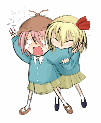 mystia lorelei, rumia, touhou, lowres, 2girls, biting, blonde hair, chibi, female focus, kindergarten, kindergarten uniform, multiple girls, red eyes