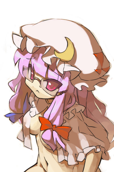 itsukia, patchouli knowledge, touhou, 1girl, :<, bespectacled, bottomless, breasts, female focus, glasses, hair ribbon, hat, pink eyes, purple hair, ribbon, solo, white background