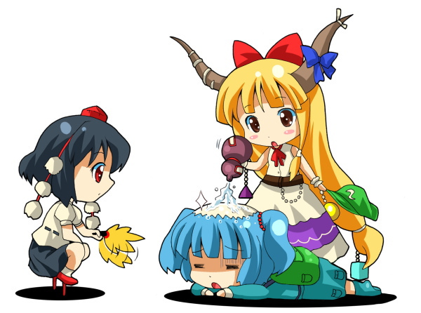 michii yuuki, ibuki suika, kawashiro nitori, shameimaru aya, touhou, 3girls, = =, balding, black hair, blue hair, blush stickers, bow, chibi, female focus, geta, gourd, hair bow, hand fan, hat, horns, kappa, long hair, multiple girls, orange hair, red eyes, short hair, spill, tengu-geta, tokin hat, twintails, two side up, unworn hat, unworn headwear