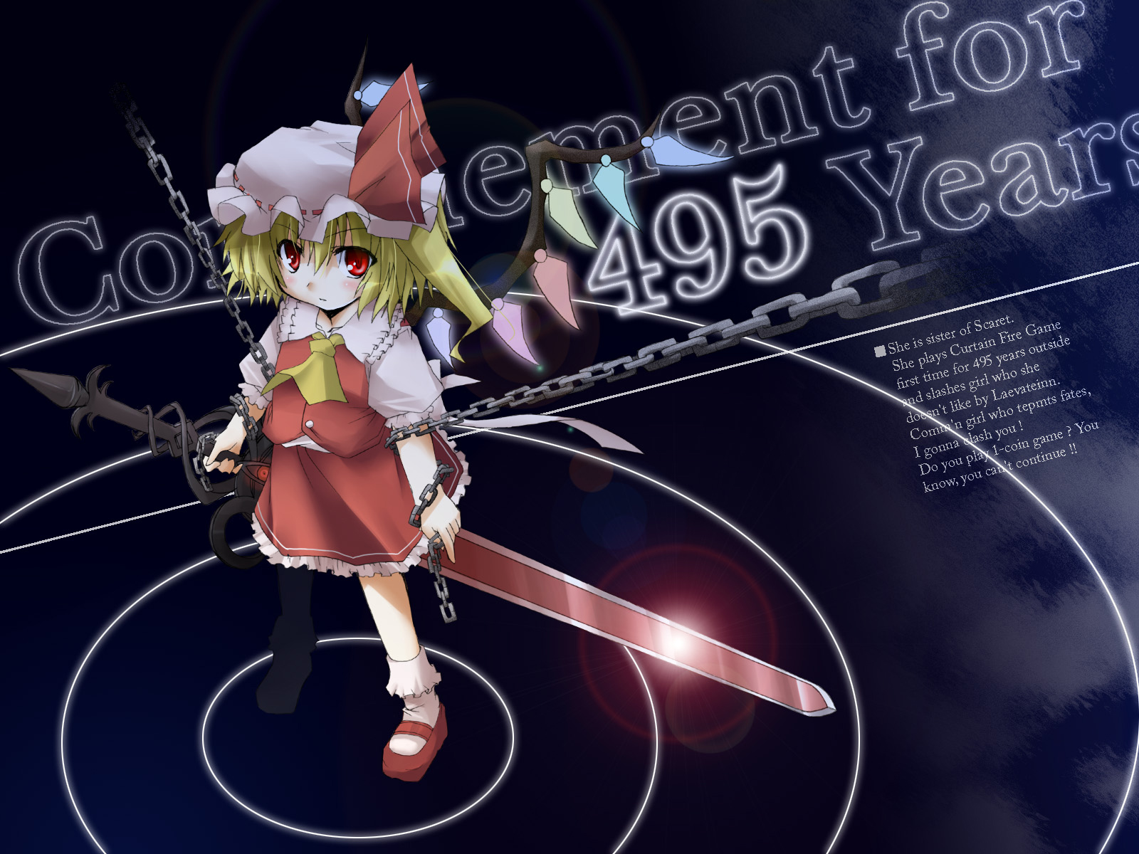 yuuki eishi, flandre scarlet, touhou, highres, 1girl, blonde hair, blouse, collared shirt, english text, engrish text, female focus, hat, laevatein, mob cap, ranguage, red eyes, red shoes, shirt, shoes, socks, solo, sword, weapon, white hat, white shirt, white socks