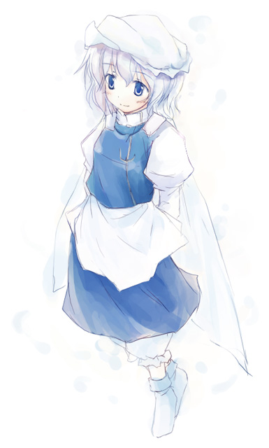 yukitarou (awamori), letty whiterock, touhou, silver hair, 1girl, apron, blue dress, blue eyes, blush, dress, expressionless, female focus, frills, full body, hat, long sleeves, mob cap, short hair, simple background, solo, waist apron, walking, white background