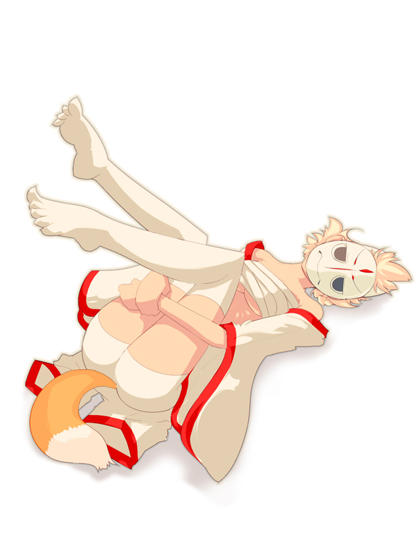 yashima yuuta, original, 1girl, ass, barefoot, blonde hair, breasts, feet, female focus, legs, mask, medium breasts, solo, tail, thighhighs, underboob