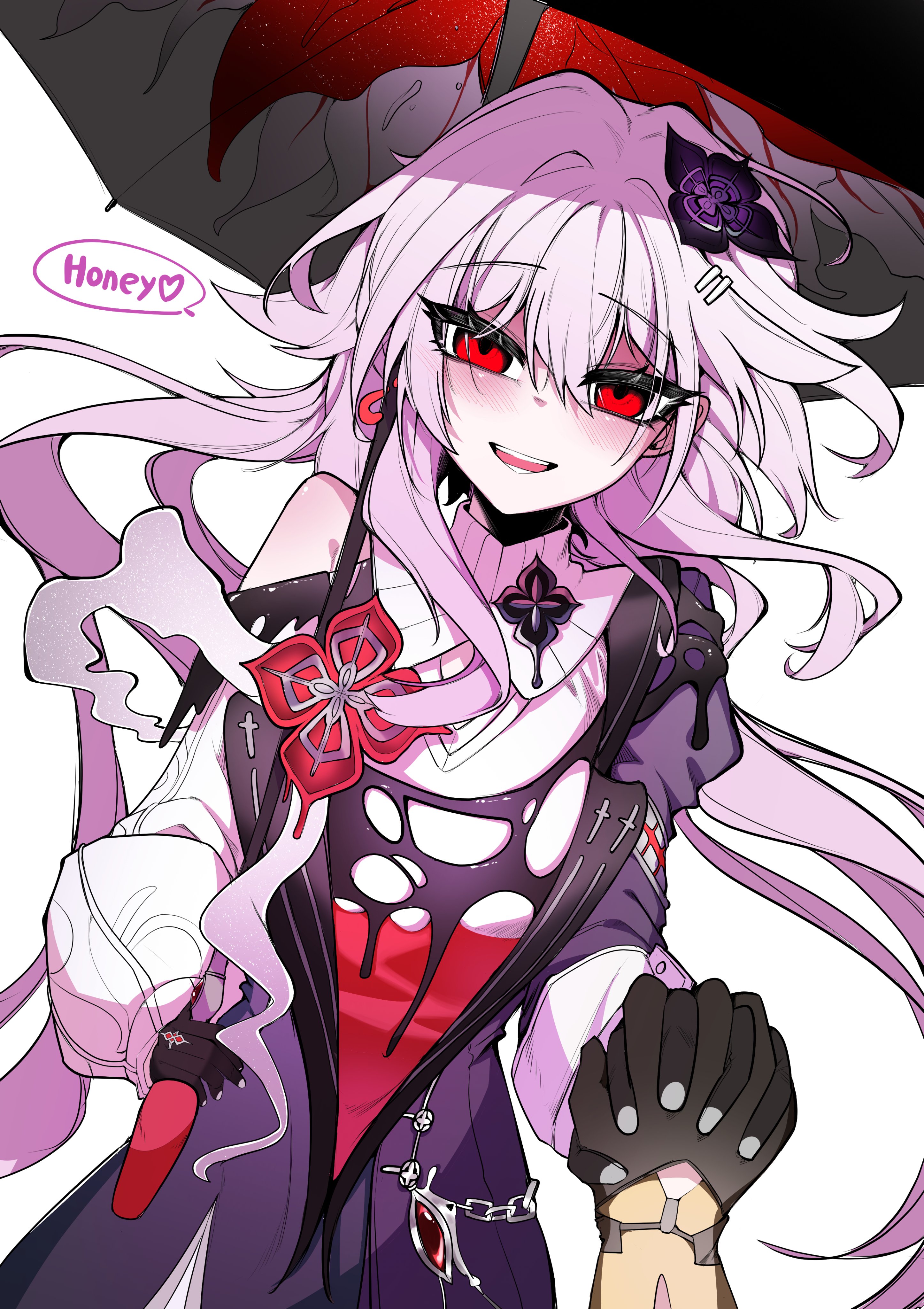 chunjang, evernight (honkai: star rail), march 7th (honkai: star rail), trailblazer (honkai: star rail), honkai: star rail, honkai (series), absurdres, highres, 1girl, 1other, black dress, black flower, black gloves, black umbrella, dress, flower, gloves, hair flower, hair ornament, holding, holding hands, holding umbrella, layered dress, long hair, looking at viewer, open mouth, pink hair, red eyes, simple background, single bare shoulder, umbrella, upper body, white background, white dress