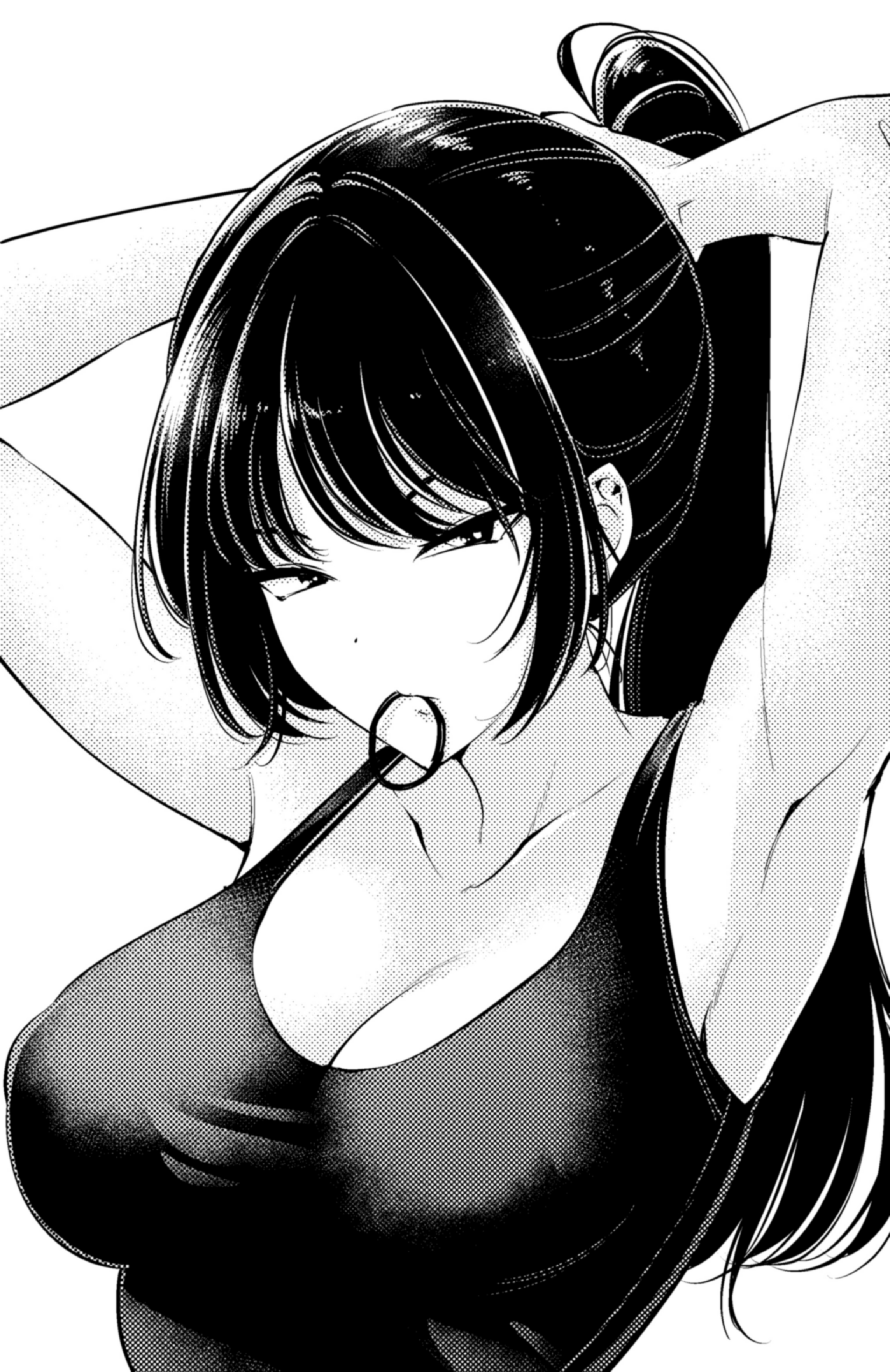 hinoharaf (14310486), original, absurdres, highres, 1girl, armpits, arms up, breasts, collarbone, dithering, dot nose, expressionless, greyscale, hair tie, hair tie in mouth, large breasts, long hair, looking at viewer, monochrome, mouth hold, ponytail, sidelocks, solo, tsurime, tying hair, upper body, wispy bangs