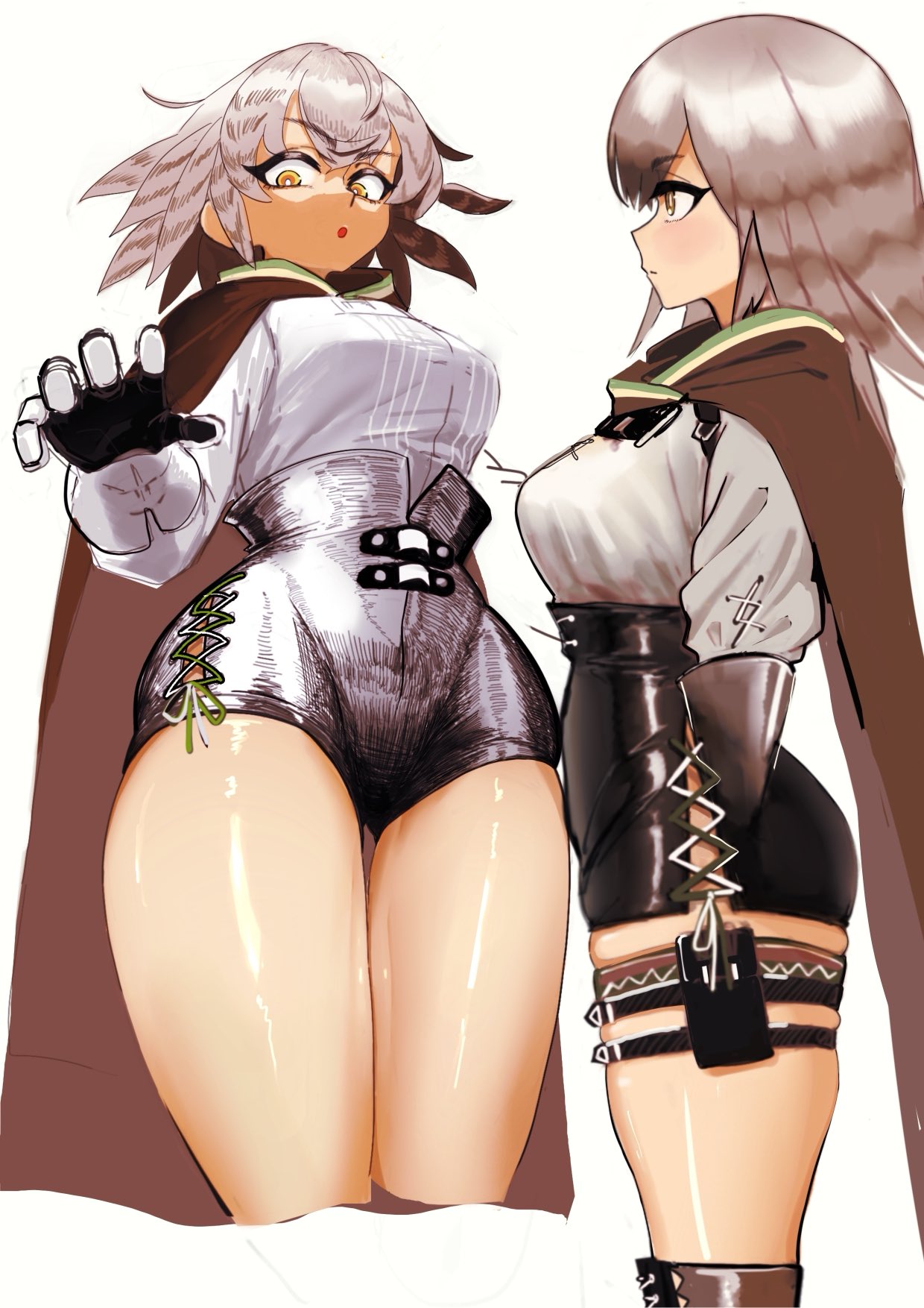 sankakucorner3, fartooth (arknights), arknights, commentary request, highres, 1girl, black shorts, breasts, brown cape, brown hair, cape, feather hair, gauntlets, grey hair, long hair, long sleeves, multiple views, shirt, shorts, simple background, skindentation, thigh strap, thighs, white shirt, yellow eyes