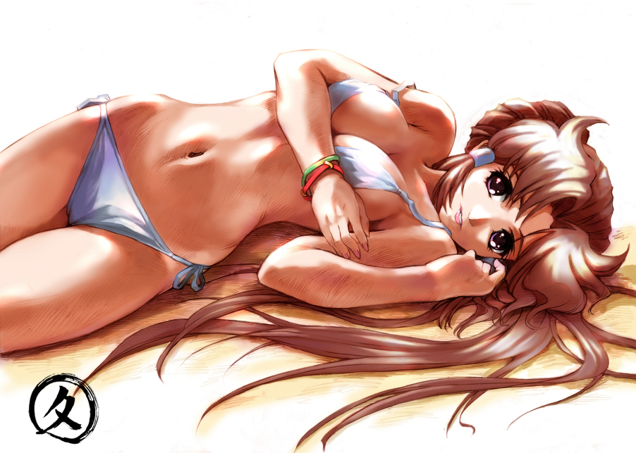 hisahiko, minaki tomine, banpresto, super robot wars, 1girl, bikini, bracelet, breasts, brown eyes, brown hair, cleavage, female focus, hair tubes, jewelry, lipstick, long hair, lying, makeup, purple eyes, side-tie bikini bottom, solo, swimsuit, white bikini