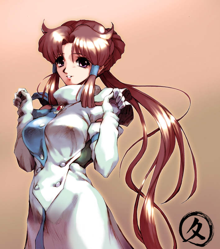 hisahiko, minaki tomine, banpresto, super robot wars, 1girl, breasts, brown eyes, brown hair, buttons, clenched hands, donut hair bun, dress, elbow gloves, female focus, floating hair, gem, gloves, gradient background, grin, hair bun, hair tubes, large breasts, long hair, looking at viewer, parted bangs, ponytail, purple eyes, sidelocks, single hair bun, smile, solo, standing, turtleneck, very long hair