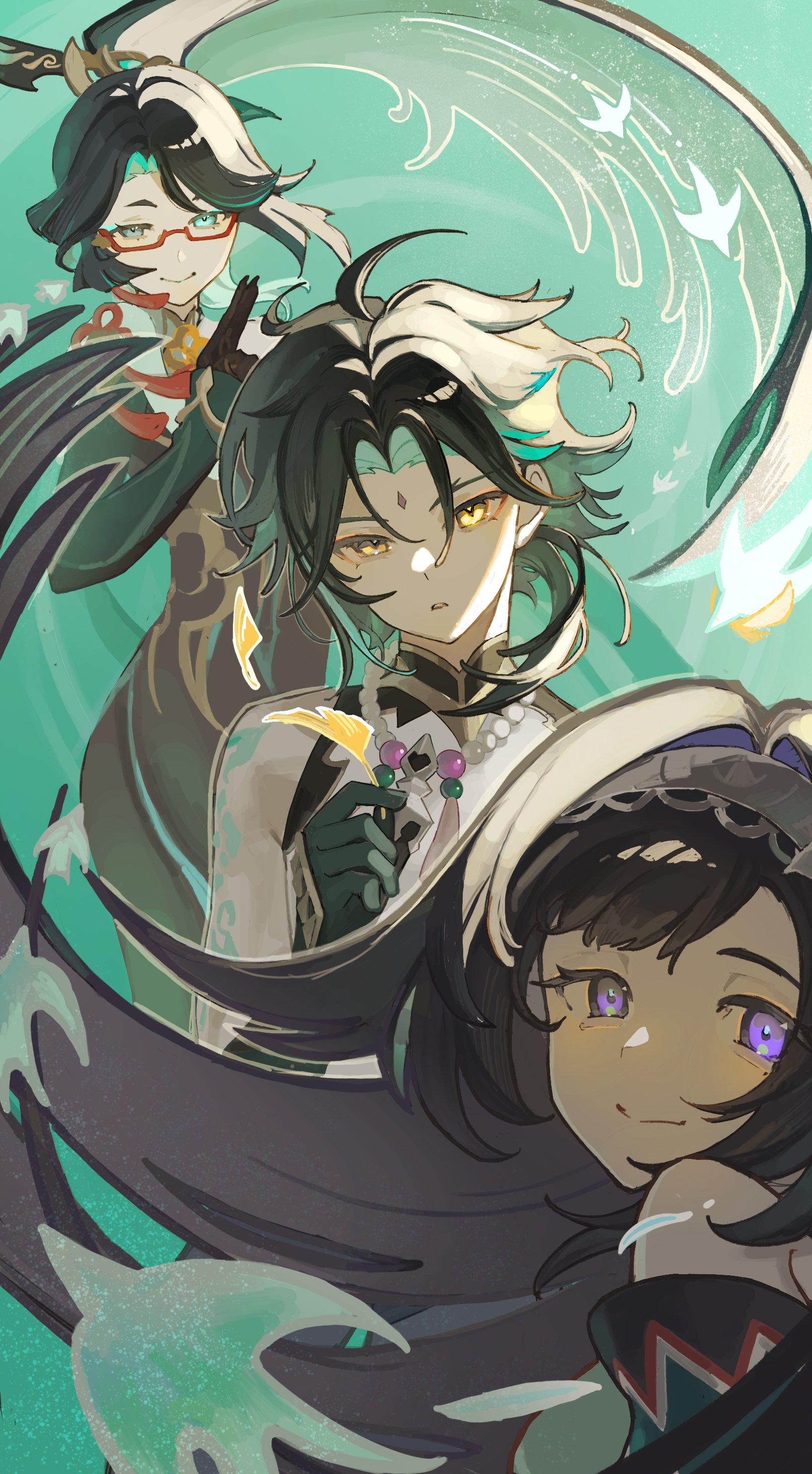 kanousei 8, lan yan (genshin impact), xianyun (genshin impact), xiao (genshin impact), genshin impact, absurdres, highres, 1boy, 2girls, aqua eyes, bare shoulders, bead necklace, beads, black hair, facial mark, floating hair, forehead mark, glasses, hairband, jewelry, long hair, multiple girls, necklace, ponytail, purple eyes, short hair, sleeveless, smile, yellow eyes
