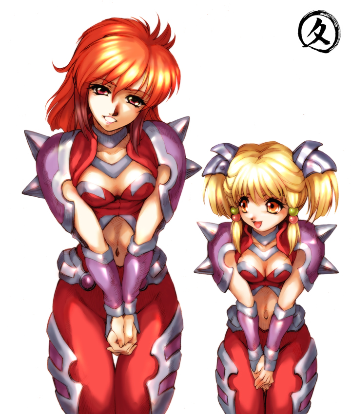 hisahiko, ibis douglas, irui guneden, selena recital, banpresto, super robot wars, 2girls, breasts, cleavage, cosplay, cowboy shot, large breasts, midriff, multiple girls, own hands together, selena recital (cosplay), shoulder spikes, simple background, spikes, white background