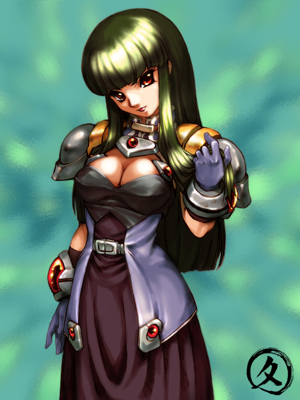 hisahiko, ouka nagisa, banpresto, super robot wars, super robot wars original generation, 1girl, armor, blunt bangs, bracer, breasts, cleavage, cowboy shot, eyelashes, female focus, gorget, green background, green hair, head tilt, holding, holding own hair, large breasts, pauldrons, red eyes, shoulder armor, solo
