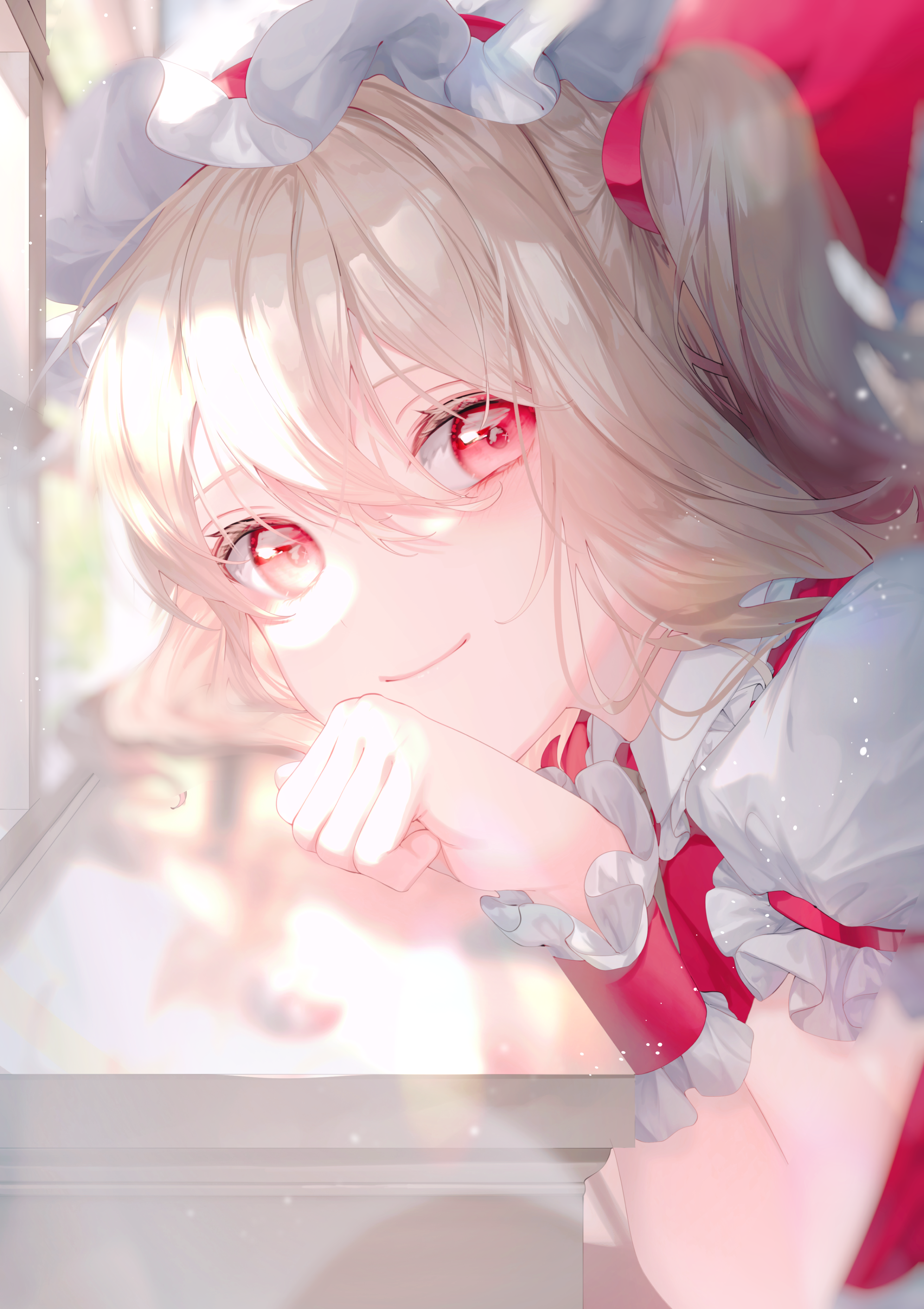 batory ken, flandre scarlet, touhou, absurdres, highres, 1girl, ascot, blonde hair, blurry, blurry background, blush, closed mouth, depth of field, hair between eyes, hat, looking at viewer, mob cap, one side up, puffy short sleeves, puffy sleeves, red eyes, ribbon, short sleeves, smile, solo, upper body, wings, wrist cuffs