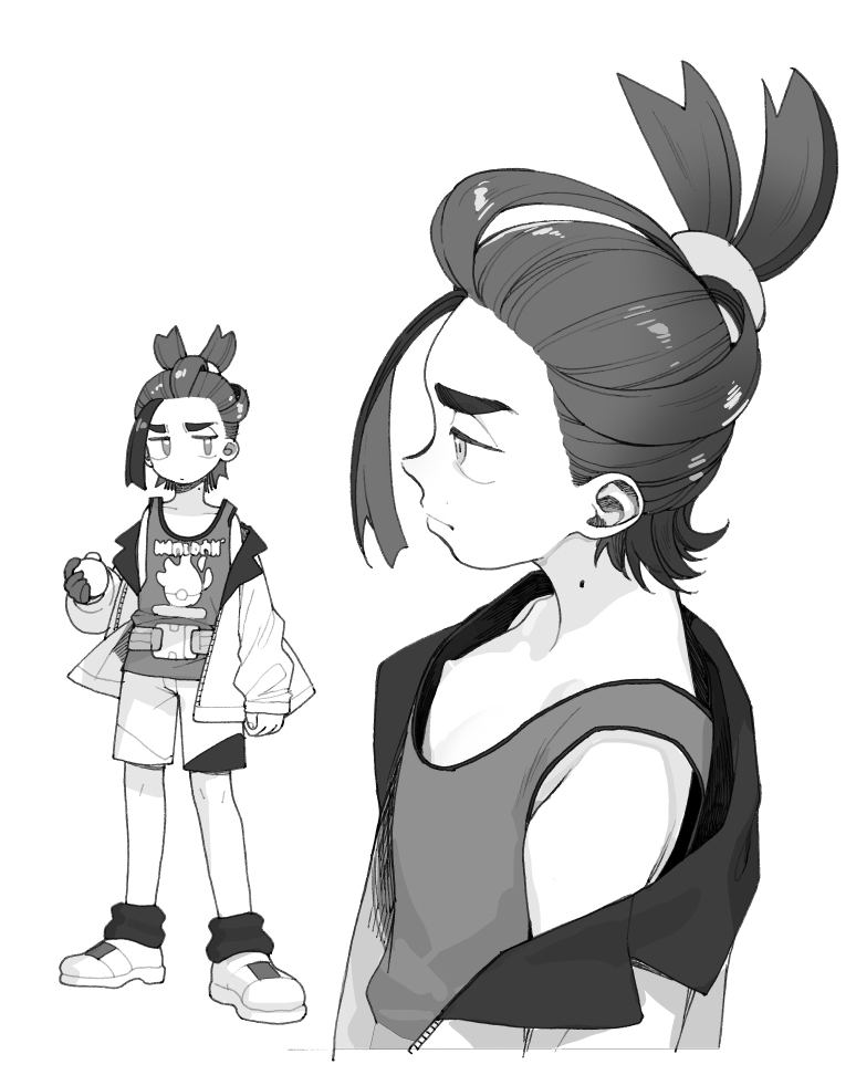 poo (pitind), kieran (pokemon), nintendo, pokemon, pokemon sv, 1boy, closed mouth, gloves, greyscale, holding, jacket, mole, mole on neck, monochrome, multiple views, off shoulder, open clothes, open jacket, poke ball print, shoes, shorts, simple background, single glove, socks, standing, tank top
