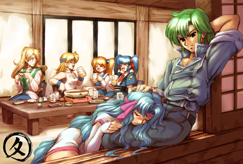 hisahiko, lune zoldark, masaki andoh, mio sasuga, monica grania bilseia, presia zenoskis, tytti norback, wendy rasm iknart, banpresto, super robot wars, super robot wars the lord of elemental, hand on head, 1boy, 5girls, alcohol, beer, blonde hair, blue hair, blush, breasts, cleavage, closed eyes, cup, drunk, earrings, elbow gloves, fang, fingerless gloves, food, gloves, green eyes, green hair, hair bobbles, hair ornament, happy, headband, jewelry, lap pillow, large breasts, long hair, medium breasts, mug, multiple girls, necktie, sitting, sleeping, smile, table, tank top, twintails, very long hair, wristband
