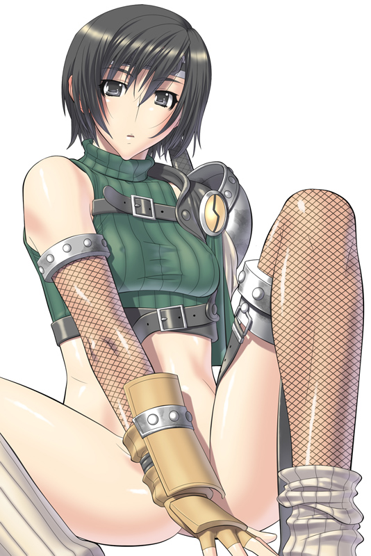 kansuke, ninja (final fantasy), yuffie kisaragi, final fantasy, final fantasy vii, 1990s (style), 1girl, armor, bare shoulders, black hair, bottomless, covering crotch, covering privates, female focus, fishnets, gloves, headband, ninja, no panties, retro artstyle, short hair, sleeveless, sleeveless turtleneck, socks, solo, spread legs, strap, thighhighs, turtleneck