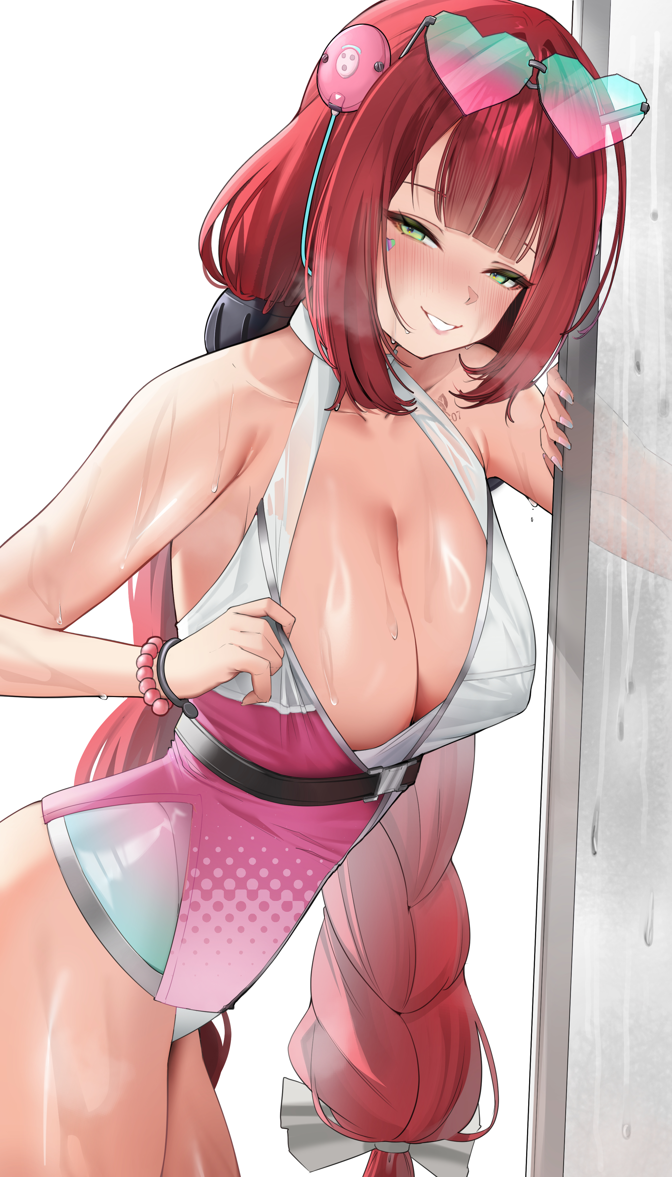 nokyang, ukinami yuzuha, ukinami yuzuha (tanuki in broad daylight), zenless zone zero, absurdres, commentary request, highres, 1girl, armpit crease, bow, bracelet, braid, breasts, cable, cleavage, covered erect nipples, cowboy shot, eyewear on head, facial mark, green eyes, grin, heart, heart-shaped eyewear, heart facial mark, jewelry, long hair, looking at viewer, low twin braids, official alternate costume, one-piece swimsuit, pink nails, red hair, smile, solo, swimsuit, twin braids, wet, white bow