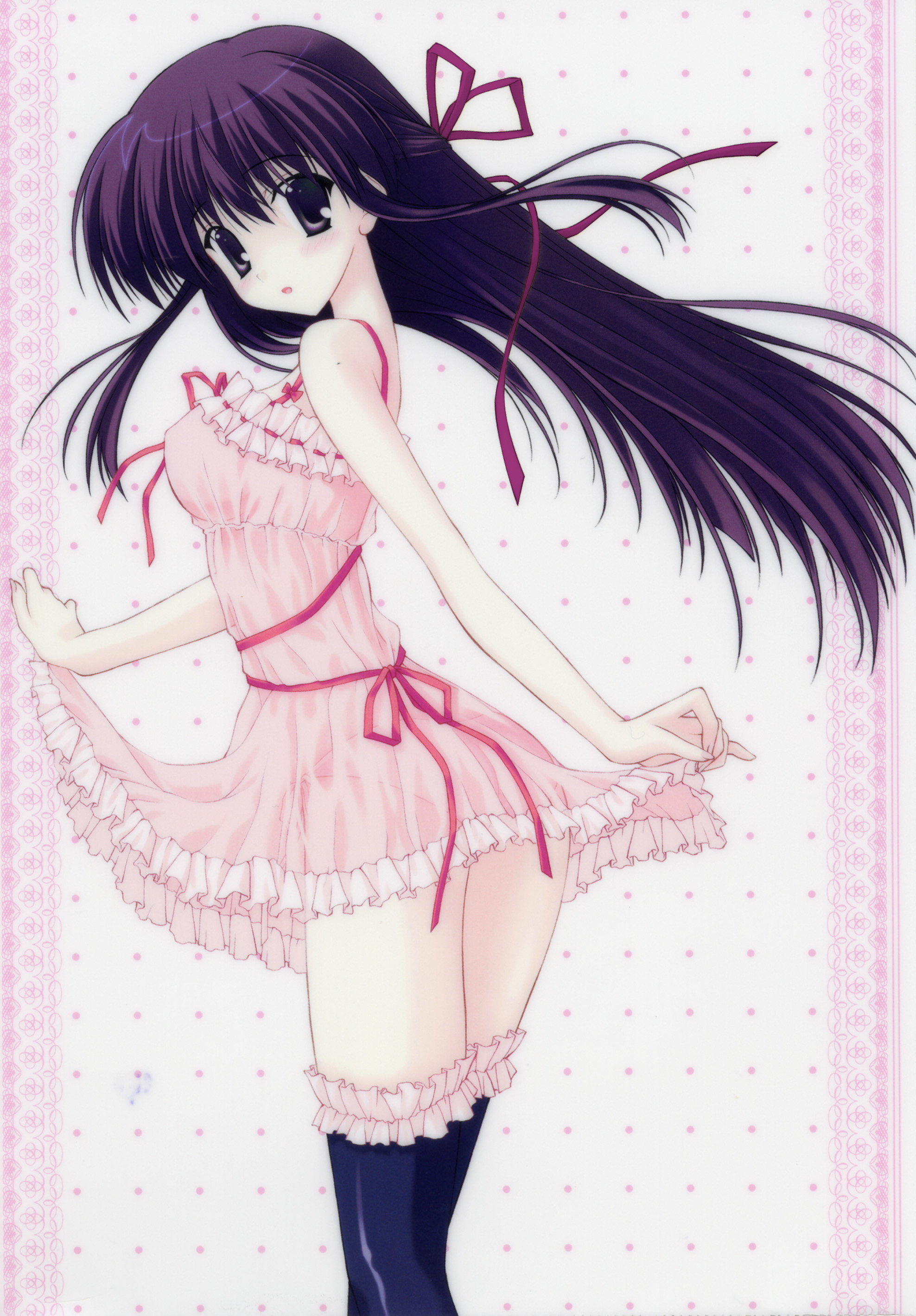 nanao naru, shihou matsuri, sola, absurdres, highres, third-party edit, 00s, long hair, panties, purple eyes, purple hair, ribbon, see-through clothes, solo, thighhighs, underwear