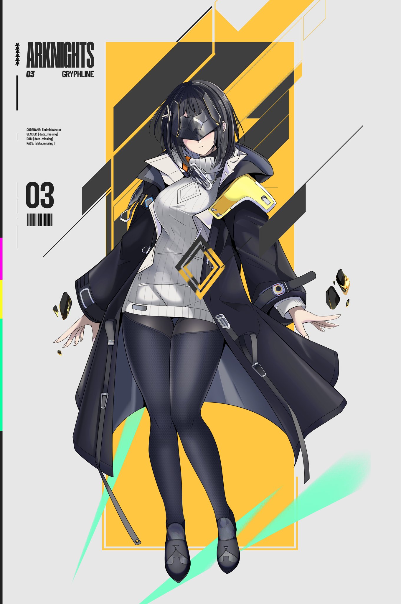 edelritter, endministrator (arknights), female endministrator (arknights), arknights, arknights: endfield, highres, 1girl, black coat, black pantyhose, black shoes, breasts, coat, copyright name, full body, large breasts, long sleeves, mask, medium hair, open clothes, open coat, pantyhose, shoes, solo, sweater, turtleneck, turtleneck sweater, white sweater