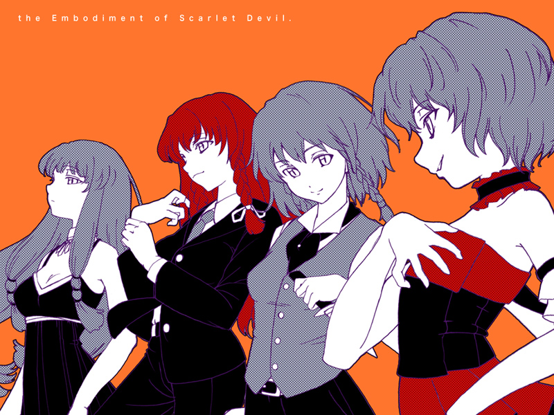aka ringo, azuma shoujuan, hong meiling, izayoi sakuya, patchouli knowledge, remilia scarlet, embodiment of scarlet devil, touhou, 4girls, alternate costume, contemporary, dress, female focus, formal clothes, hand on another's chest, hand on own chest, monochrome, multiple girls, no headwear, orange background, pant suit, pants, simple background, spot color, suit