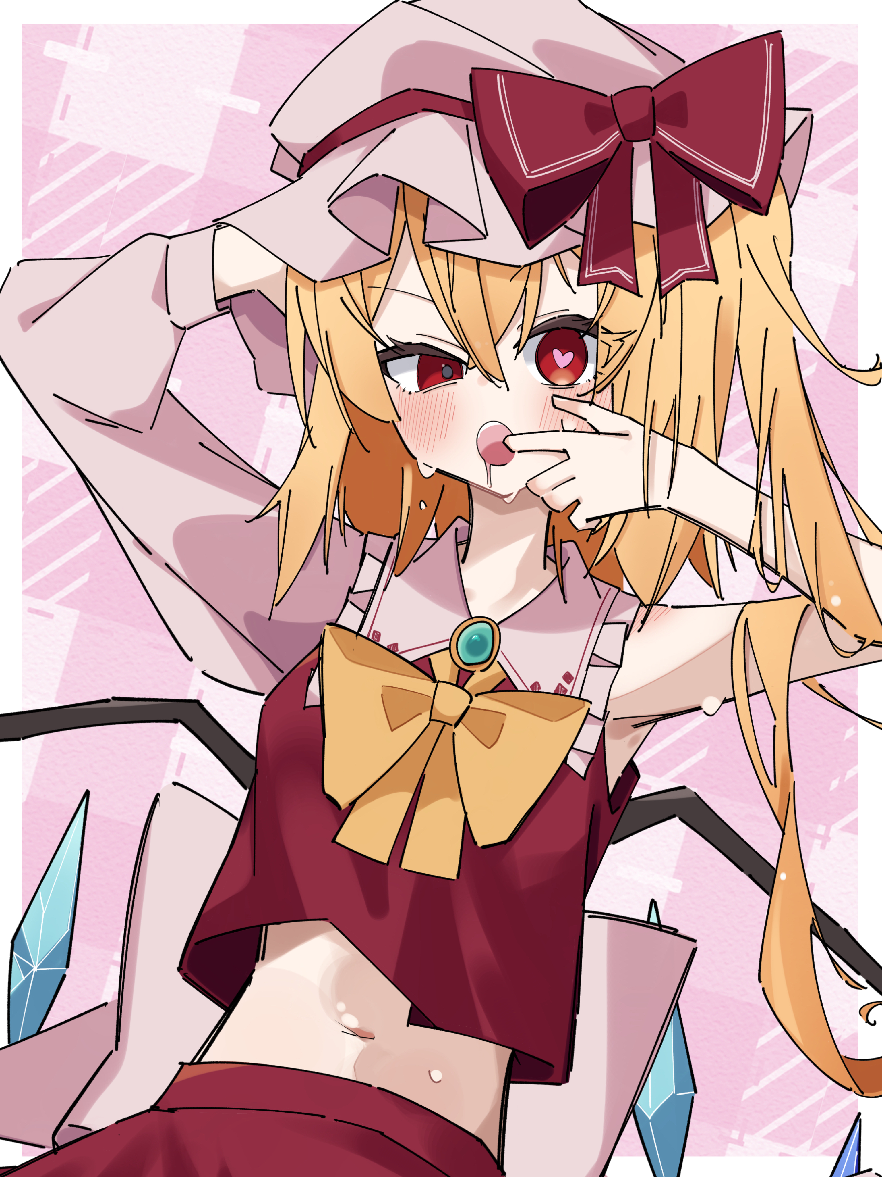 miraruuts1231, flandre scarlet, touhou, absurdres, highres, 1girl, armpits, ascot, blonde hair, cowboy shot, crystal, detached sleeves, hat, heart, heart-shaped pupils, looking at viewer, midriff, mob cap, navel, ohhoai, open mouth, red eyes, red skirt, red vest, saliva, side ponytail, skirt, solo, stomach, sweat, symbol-shaped pupils, tongue, vest, wings, yellow ascot