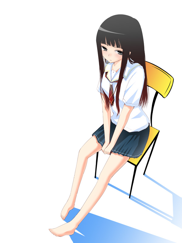 shima-shuu, futami eriko, kimi kiss, 1girl, barefoot, chair, female focus, full body, long hair, on chair, sitting, solo