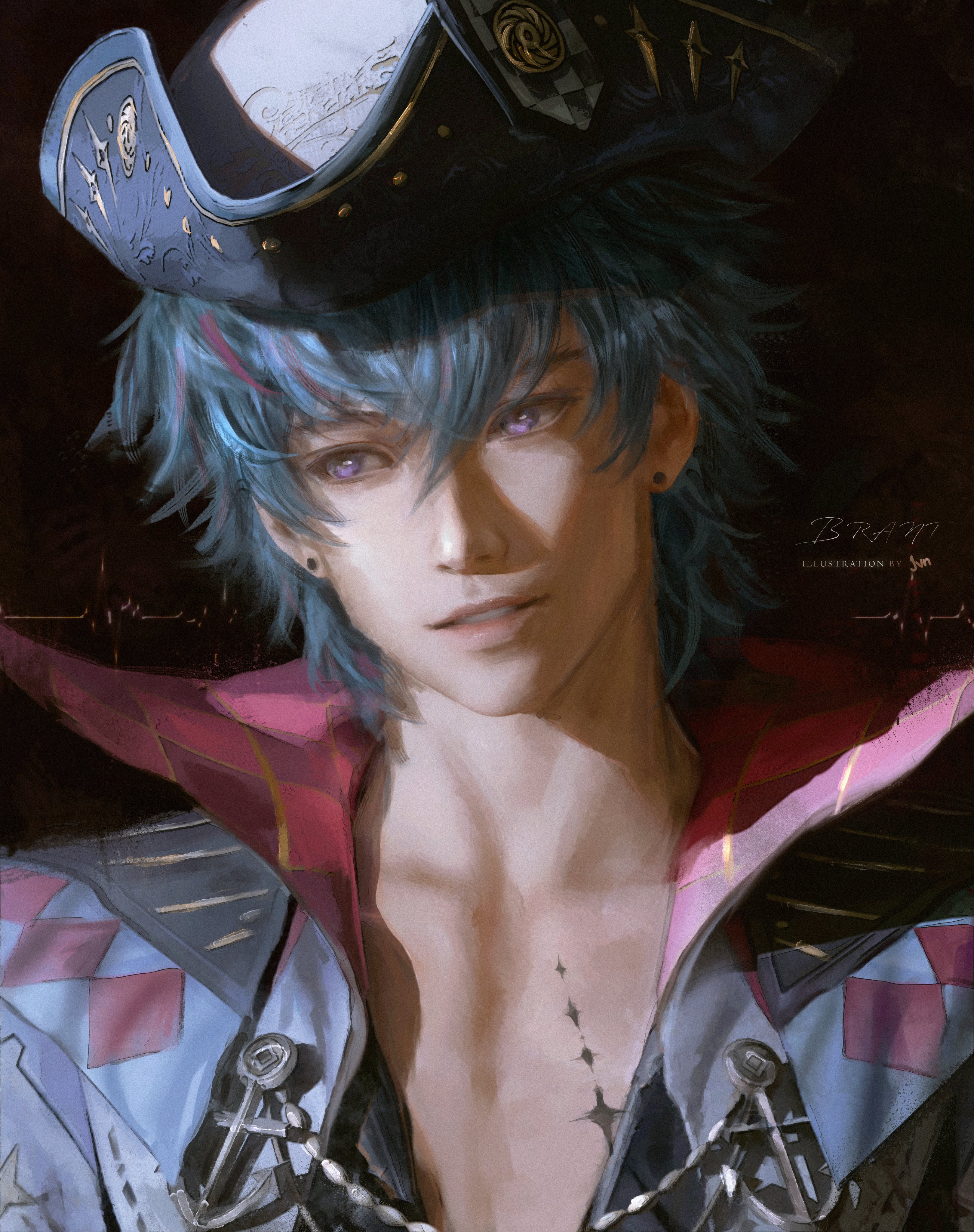 jvn, brant (wuthering waves), wuthering waves, absurdres, commentary, english commentary, highres, revision, 1boy, artist name, blue hair, character signature, collarbone, hair between eyes, hat, looking to the side, male focus, multicolored hair, open clothes, open shirt, parted lips, portrait, purple eyes, short hair, smile, solo, streaked hair, tacet mark (wuthering waves), tricorne