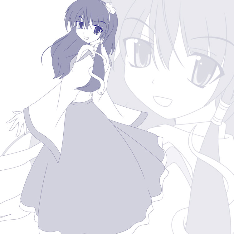 kii (mahoraba), kochiya sanae, touhou, 1girl, female focus, monochrome, purple theme, solo