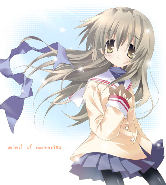 paco, ibuki fuuko, clannad, 00s, 1girl, black pantyhose, blazer, blue skirt, blush, female focus, floating hair, jacket, long sleeves, looking at viewer, pantyhose, pleated skirt, sailor collar, school uniform, serafuku, skirt, solo, starfish, tareme, wind