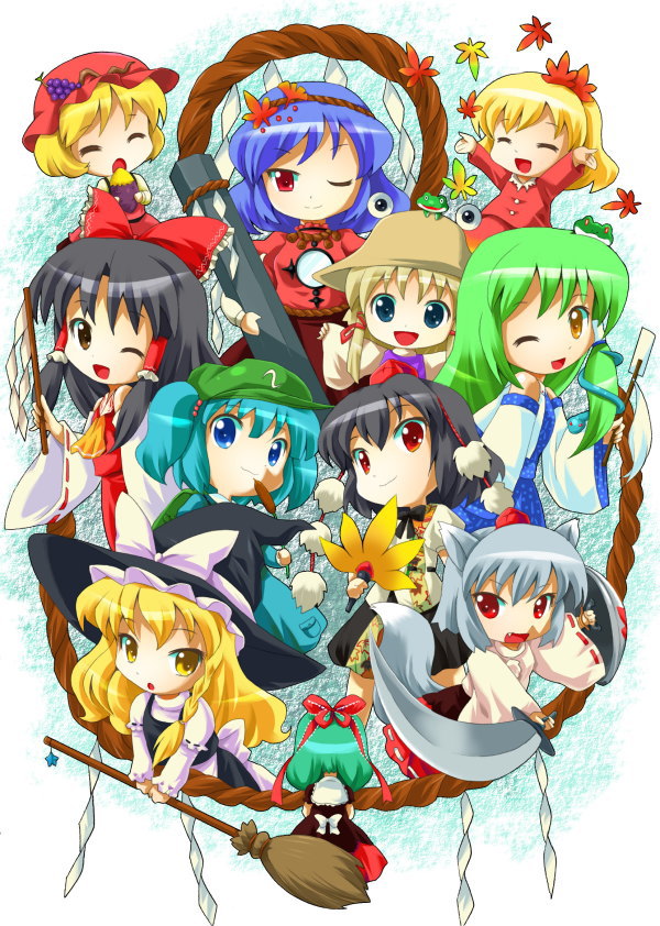 michii yuuki, aki minoriko, aki shizuha, hakurei reimu, inubashiri momiji, kagiyama hina, kawashiro nitori, kirisame marisa, kochiya sanae, moriya suwako, shameimaru aya, yasaka kanako, mountain of faith, touhou, 6+girls, ^ ^, animal ears, aqua eyes, aqua hair, arms up, ascot, back, bag, black hair, blonde hair, blue eyes, blue hair, bow, braid, broom, brown eyes, closed eyes, detached sleeves, eating, fangs, female focus, food, frog, fruit, gohei, grapes, green hair, grey hair, hair bobbles, hair bow, hair ornament, hair ribbon, hand fan, hat, leaf, leaf hair ornament, leaf on head, long hair, looking at viewer, mirror, multiple girls, object on head, one eye closed, open mouth, outstretched arms, pom pom (clothes), red eyes, ribbon, rope, shide, shield, shimenawa, short hair, smile, spread arms, star (symbol), sweet potato, sword, tail, tokin hat, twintails, two side up, weapon, witch hat, wolf ears, wolf tail, yellow eyes