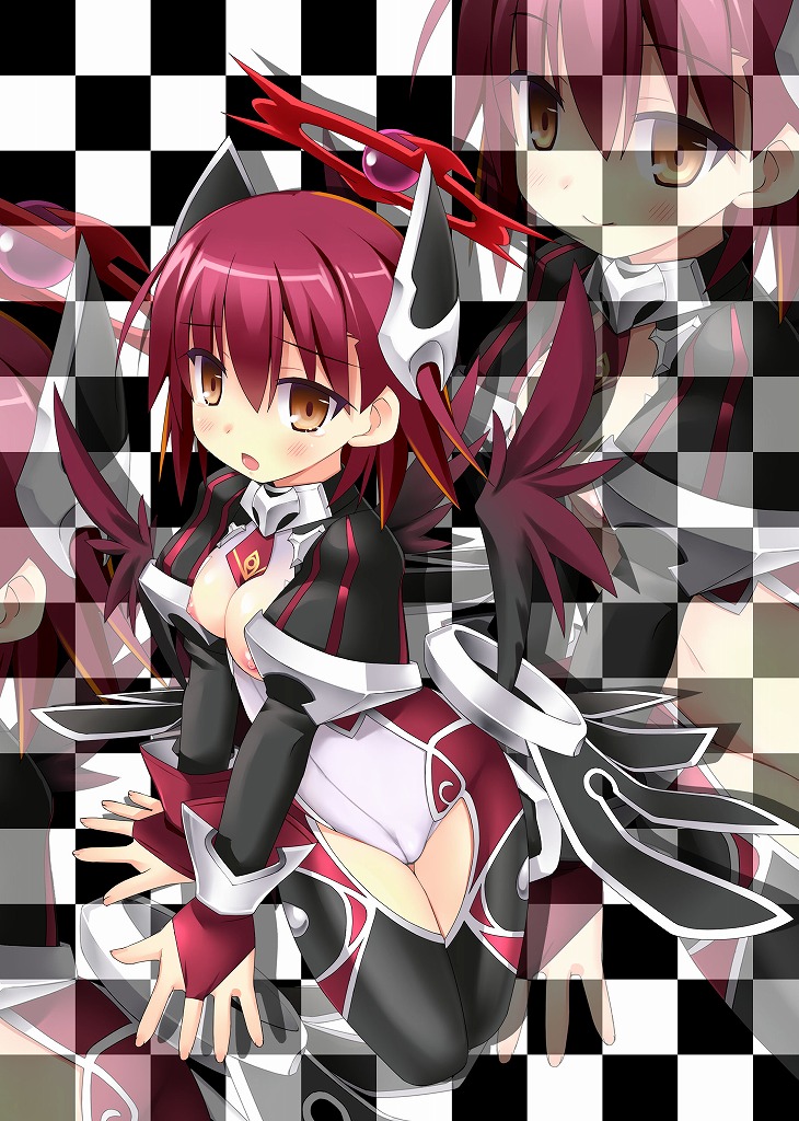 yasuki (yaski), mitama celes, emil chronicle online, 1girl, black wings, breasts, cameltoe, checkered background, clothing cutout, gloves, hair ornament, halo, leotard, medium breasts, necktie, nipples, open mouth, purple hair, red gloves, red halo, red necktie, thigh cutout, white leotard, wings, yellow eyes