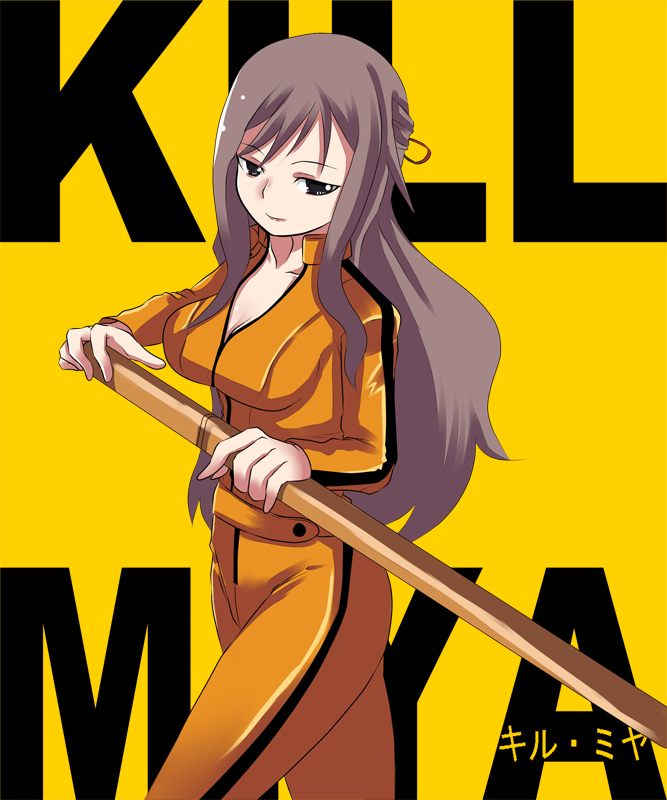 johnny funamushi, miyazaki miyako, bamboo blade, kill bill, 1girl, bokken, bruce lee's jumpsuit, female focus, half updo, parody, solo, sword, weapon, wooden sword, yandere