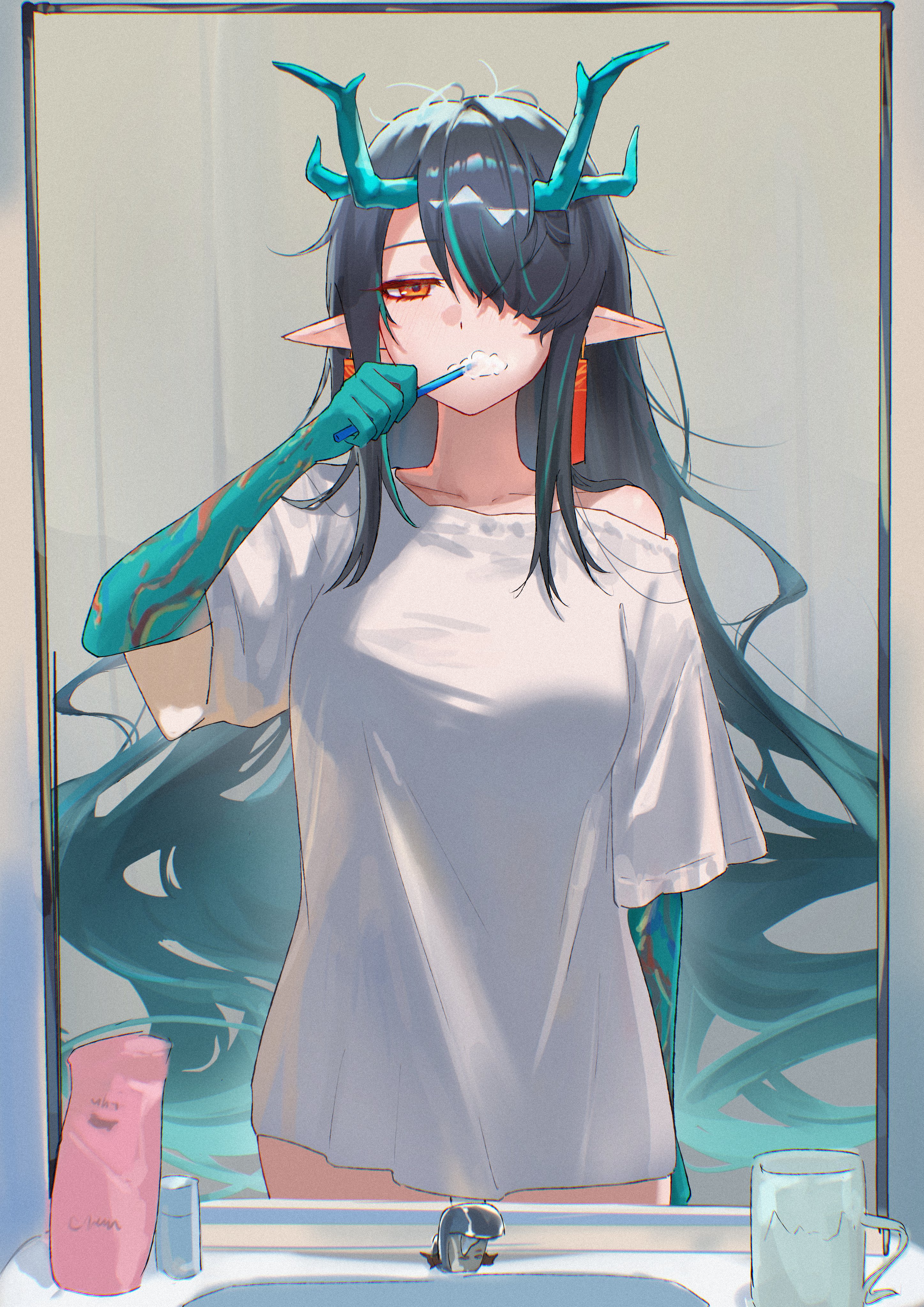 uof, dusk (arknights), arknights, absurdres, highres, 1girl, aqua hair, aqua horns, aqua skin, black hair, breasts, brushing teeth, colored extremities, colored skin, dragon girl, dragon horns, eastern dragon horns, gradient hair, hair over one eye, holding, holding toothbrush, horns, long hair, looking at mirror, mirror, multicolored hair, orange eyes, pointy ears, reflection, shirt, short sleeves, single off shoulder, solo, toothbrush, very long hair, white shirt