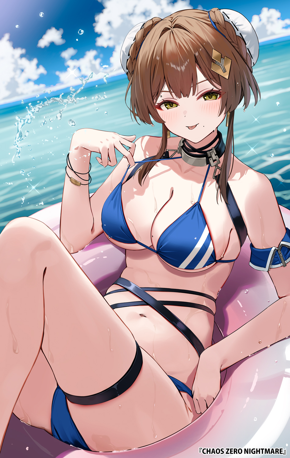 motto (night wear), character request, highres, official art, 1girl, bare shoulders, bikini, black choker, blue bikini, braid, braided bun, breasts, brown hair, bun cover, chaos zero nightmare, choker, cleavage, closed mouth, copyright name, day, double bun, green eyes, hair bun, hair ornament, halterneck, hand up, innertube, knees up, large breasts, long hair, looking at viewer, mole, mole on breast, mole under mouth, navel, ocean, outdoors, pulling own clothes, skindentation, smile, solo, stomach, strap pull, string bikini, swim ring, swimsuit, thigh strap, thighs, tongue, tongue out, wet
