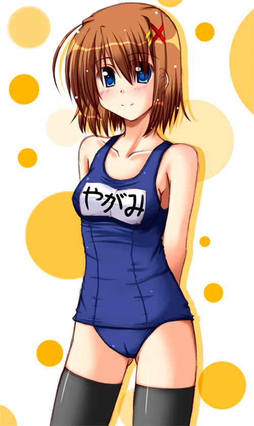 lask, yagami hayate, lyrical nanoha, mahou shoujo lyrical nanoha, mahou shoujo lyrical nanoha a's, 00s, 1girl, cameltoe, female focus, hair ornament, name tag, one-piece swimsuit, school swimsuit, solo, swimsuit, thighhighs, x hair ornament