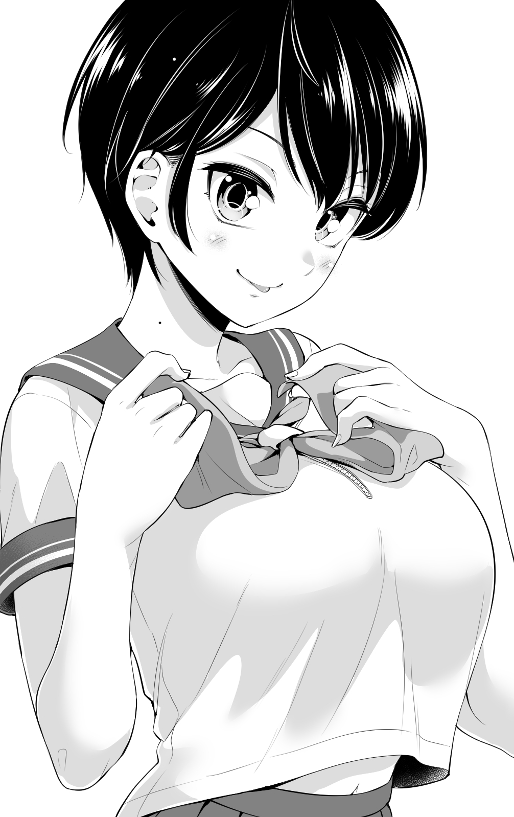hinoharaf (14310486), original, commentary request, highres, 1girl, blush, breasts, closed mouth, greyscale, large breasts, looking at viewer, midriff peek, mole, mole on neck, monochrome, navel, neckerchief, parted bangs, sailor collar, sailor shirt, school uniform, shirt, short hair, short sleeves, solo, tongue, tongue out, upper body, very short hair