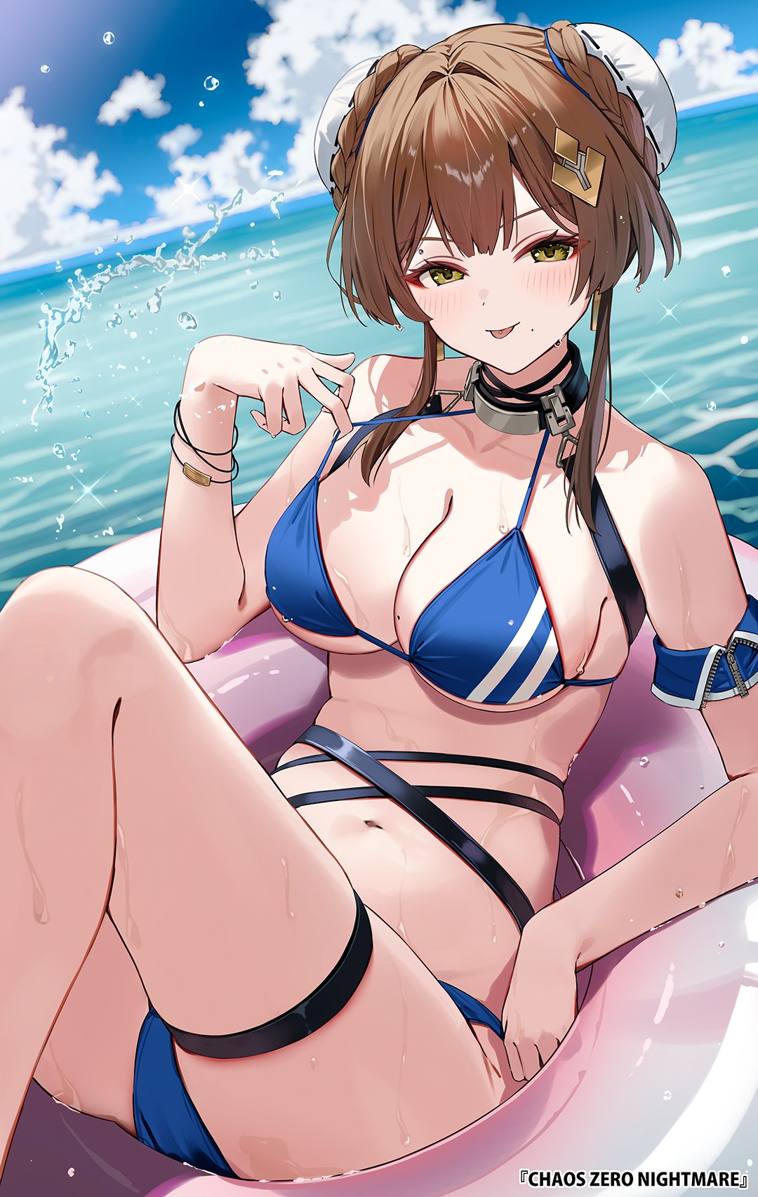 motto (night wear), character request, highres, official art, second-party source, 1girl, bare shoulders, bikini, black choker, blue bikini, braid, braided bun, breasts, brown hair, bun cover, chaos zero nightmare, choker, cleavage, closed mouth, copyright name, day, double bun, green eyes, hair bun, hair ornament, halterneck, hand up, innertube, knees up, large breasts, long hair, looking at viewer, mole, mole on breast, mole under mouth, navel, ocean, outdoors, pulling own clothes, skindentation, smile, solo, stomach, strap pull, string bikini, swim ring, swimsuit, thigh strap, thighs, tongue, tongue out, wet
