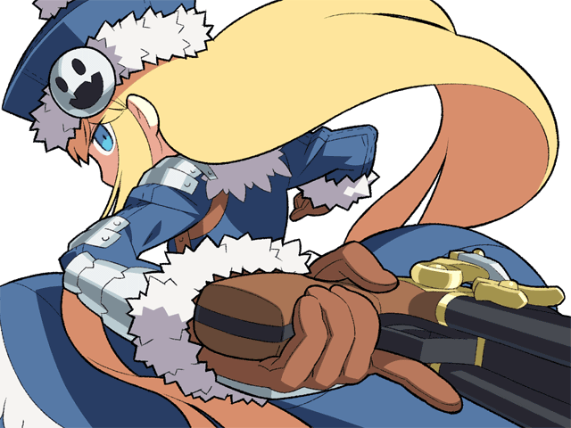 itsumo nokoru, gunner (sekaiju), gunner 2 (sekaiju), jack frost (megami tensei), atlus, etrian odyssey, 1girl, blonde hair, blue eyes, female focus, gloves, hat, long hair, solo, weapon